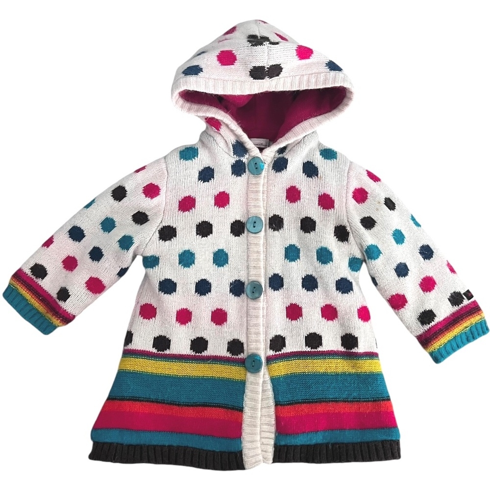 Catimini Polka Dot Wool Blend/Fleece Hooded Sweater Jacket 18 M Girl's